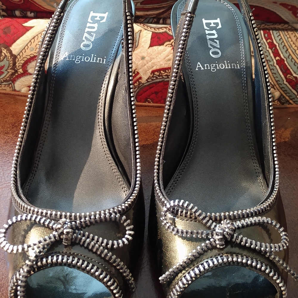 Enzo Pewter Zipper Peep-toe Heels